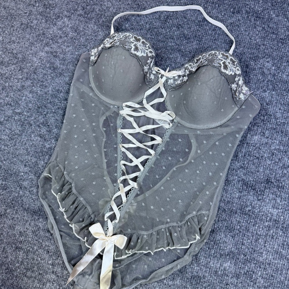 Never Naked Grey Mesh Lace Up Bodysuit Floral‎ Embroidery Swiss Dot Cute Size M